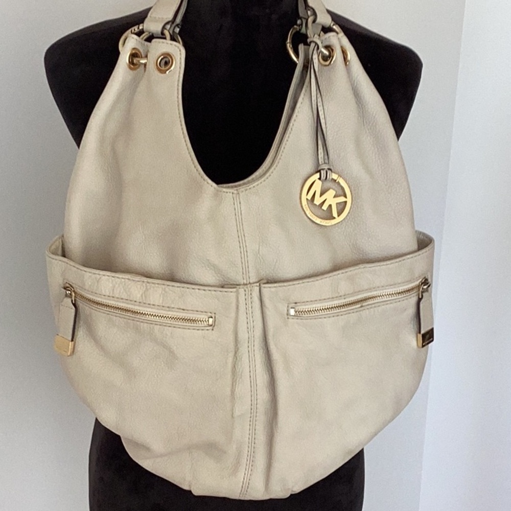 Michael Kors Layton Vanilla Genuine Leather Large Shoulder Tote Hobo Bag